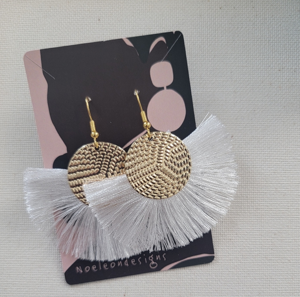 Gold and White Fringe Earrings